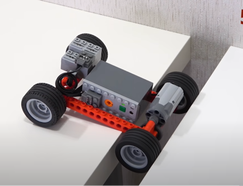 Een lego auto die een steeds grotere kloof overbrugt